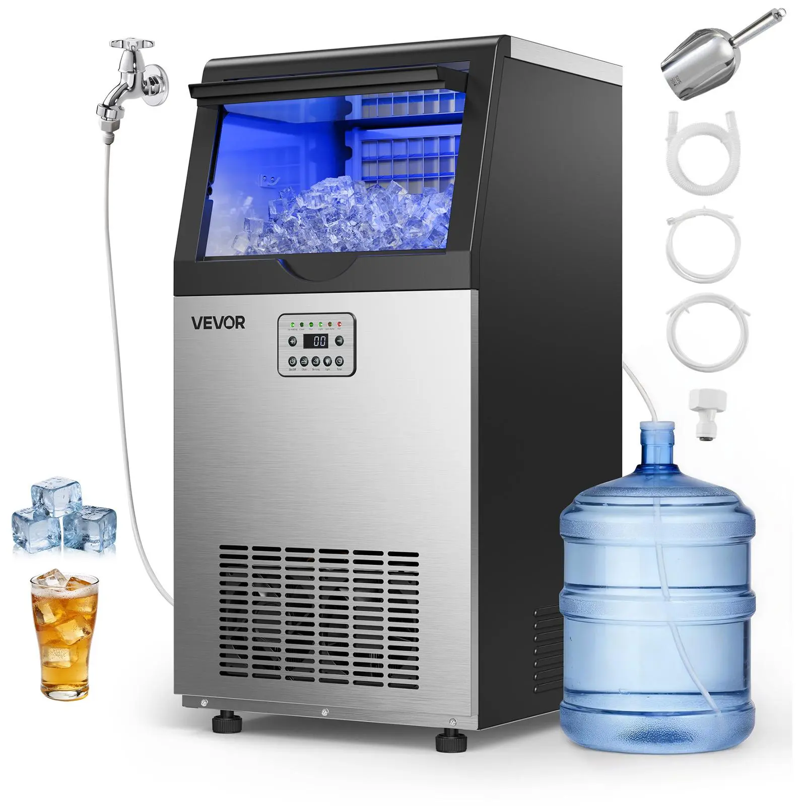 【Summerfinds】VEVOR Commercial Ice Maker Machine, 120 lbs/24h with 30 lbs Storage Capacity, Built-in/Freestanding/Under Counter, Stainless Steel Ice Maker with LED Display & Self-Cleaning, for Home Bar Restaurant