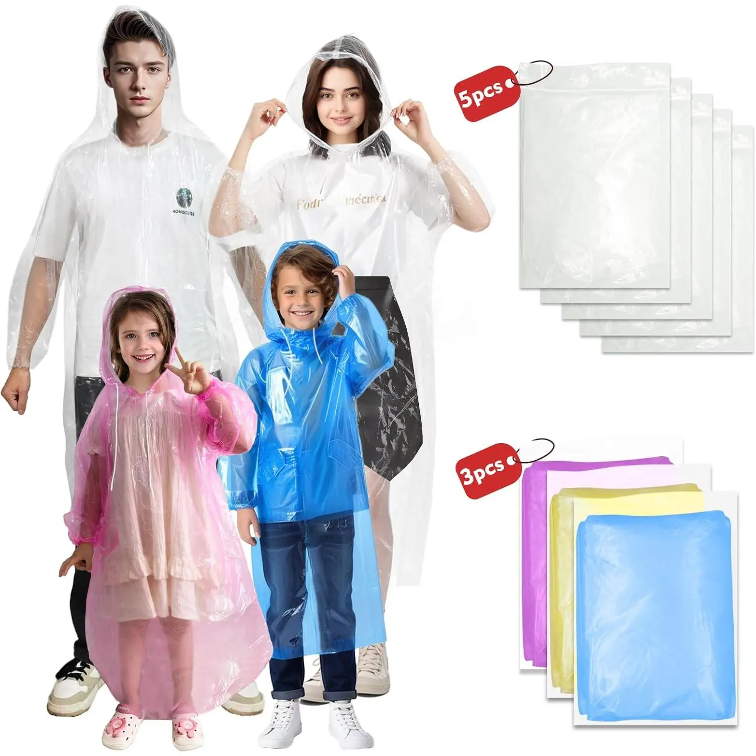 Disposable Emergency Rain Ponchos Family Pack - Full Body Cover Rain Coats for Adults and Kids (Motorcycle & Automotive Accessory), Rain Coat