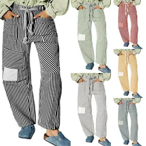2026 New Year Valentine's Day Women Striped Pants, Elastic Waist Drawstring Patchwork Wide Leg Pants Loose Trousers with Pockets