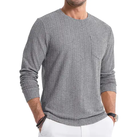 JMIERR Men's Long Sleeve Shirts Casual Crewneck Pullover T-Shirt Stretch Textured Knit Tee with Pocket