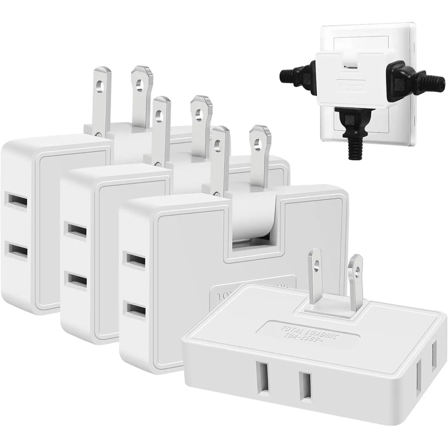 3 Way Flat Wall Outlet Extender Adapter- 4 Pack 180 Degrees Rotatable Flat Plug AC Adapter, 2 Prong Foldable Swivel Outlet Extender, Outlet Splitter for Behind Furniture (White, Type A)