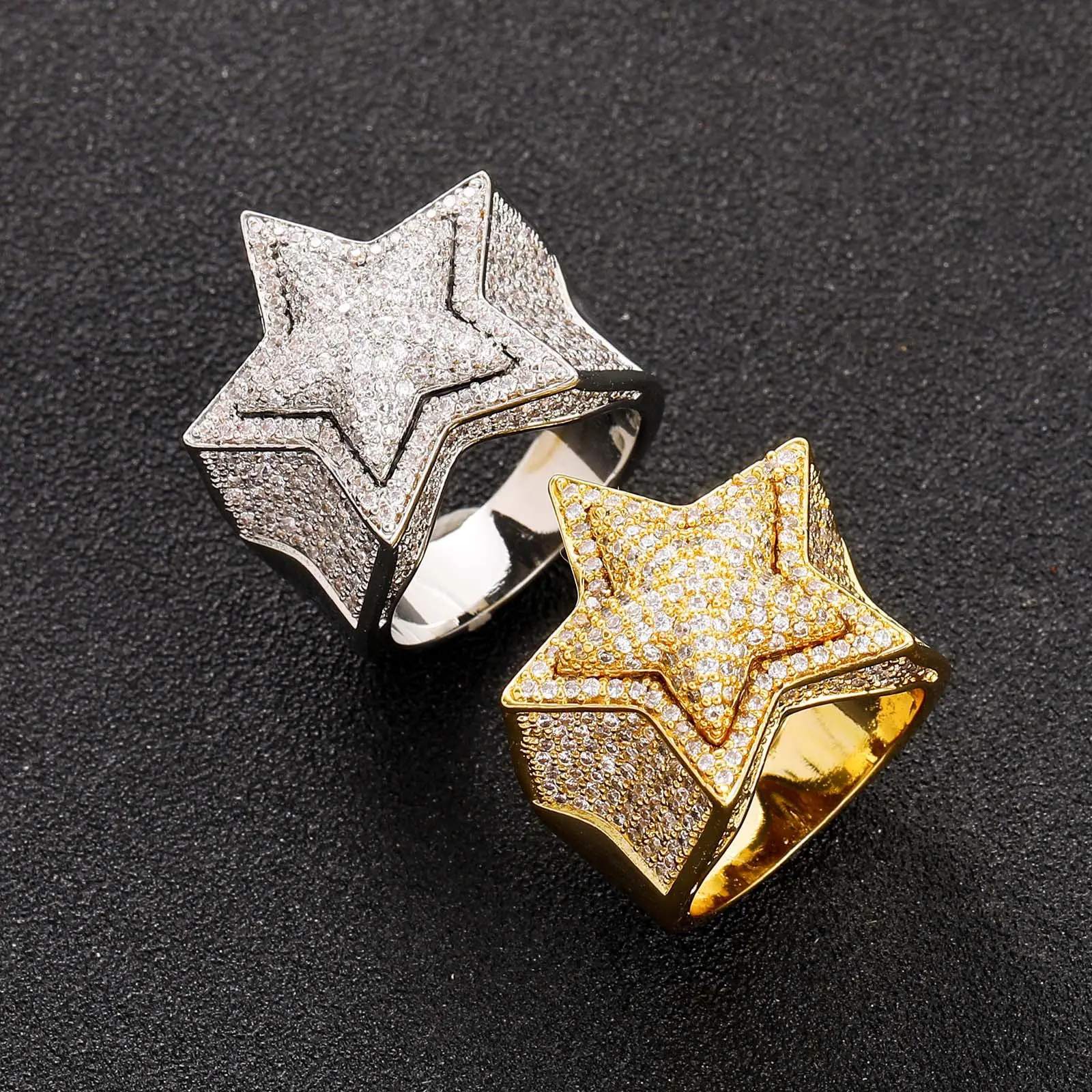 Hip Hop 3D Five-Point Star Ring Full Zirconia Micro Paved Men's Jewelry Viral Accessories for Men Hip Hop Fashion Trendy Bling Ring Gift for Him Copper Plated with Thick Gold Silver Rose Gold Micro-Studded Zircon