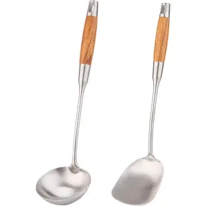 Wok Spatula and Ladle, 13.7-15 Inch 304 Stainless Steel Utensils, Suitable for Home, Hotel and Restaurant Use