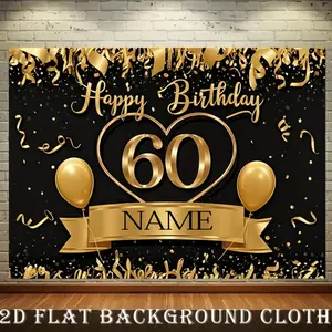1PC,2D Flat Custom Name 60th Birthday Backdrop Black Gold Theme Party Decoration Banner Golden Balloons Ribbons Design Photo Backdrop Background Cloth for 60th Birthday Party Decor