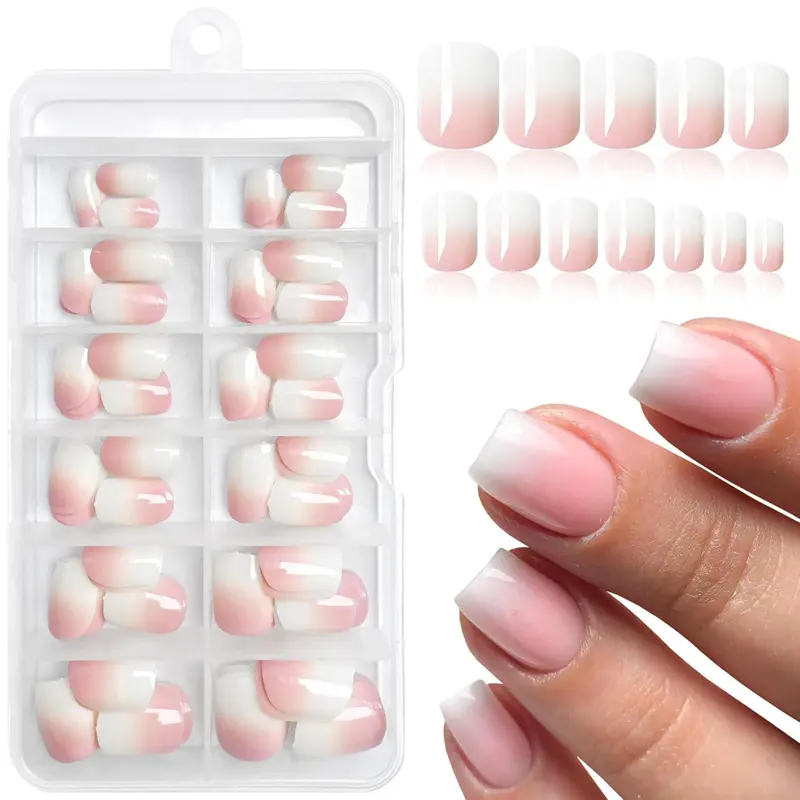 Ombre Square Fake Nail, Short Press on Nails, Cute Square False Nail Tips, Stick on Artificial Fingernails, Nail Extension Diy, Suitable for Women and Girls