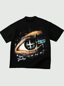 Y2K Street Style Sparkling Eyes & Cross Print Fitted T-Shirt, Open Your Eyes Theme, Retro Cyberpunk Aesthetic, Streetwear, Short Sleeve, Casual Fashion