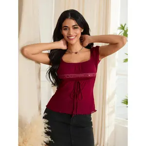 Summer Lace Flower Crochet Tops, Cap Sleeve Low Cut Drawstring T-shirt Female Off Shoulder Clothing