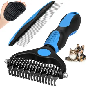 PetGroomPro 3PCS Pet Grooming Kit - Stainless Steel Dematting Rake, Metal Comb & Bath Brush for Dogs & Cats Removes Tangles Knots Mats from Long Hair