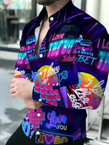 Trendy Printed Men's Shirt, 80s Retro Pattern Design, Fashion Casual Long Sleeve Shirt, Colorful Letter Pattern, Suit Matching Style