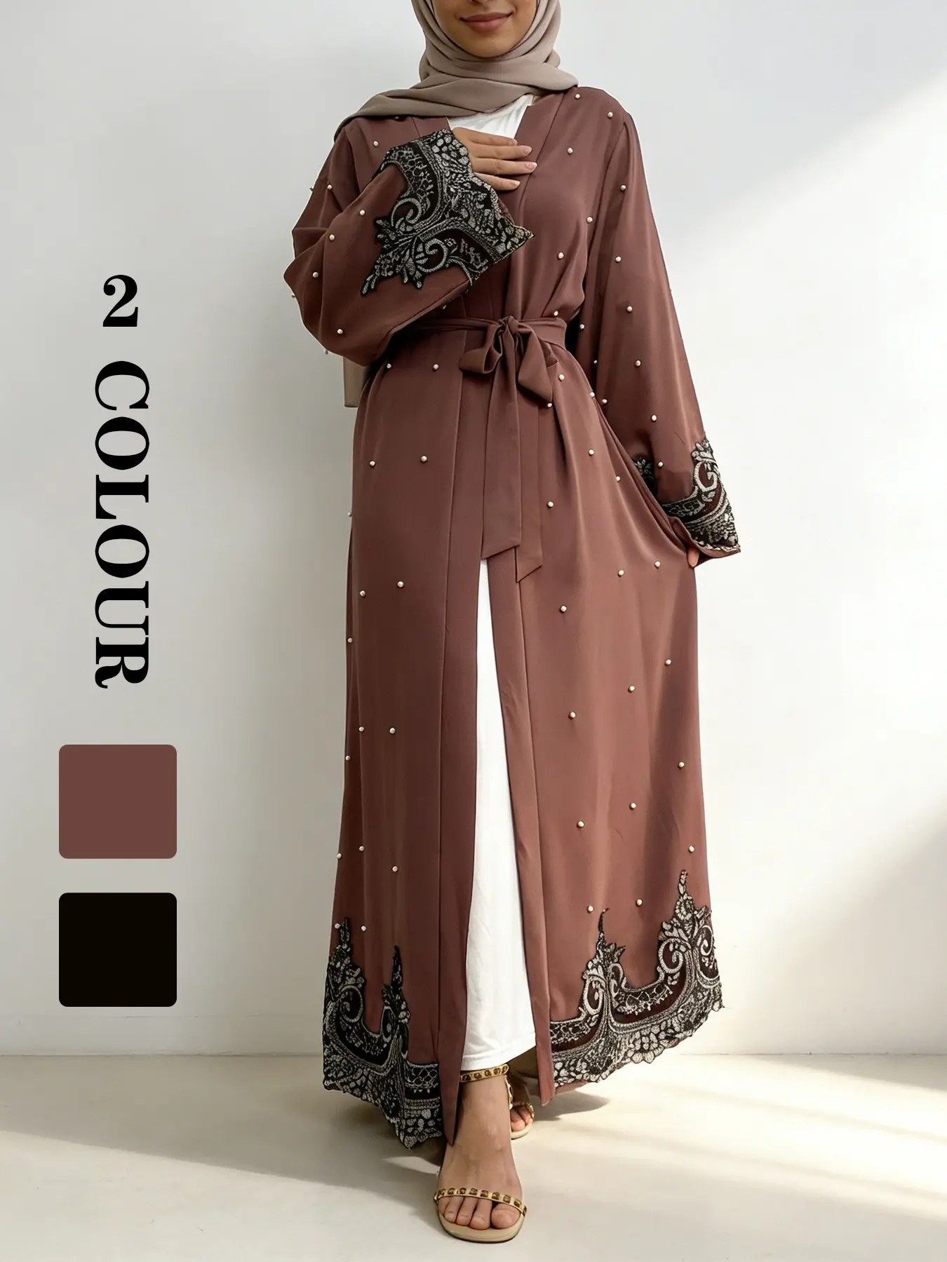 Women's Floral Embroidery Lace Abaya, Elegant Long Sleeve Round Neck Dress for Party Holiday, Ladies Islamic Clothing Modest Muslim Outfits for All Seasons, Abayas for Eid