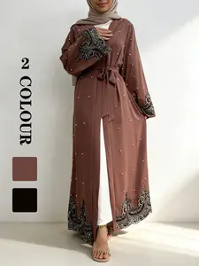 Women's Floral Embroidery Lace Abaya, Elegant Long Sleeve Round Neck Dress for Party Holiday, Ladies Islamic Clothing Modest Muslim Outfits for All Seasons, Abayas for Eid