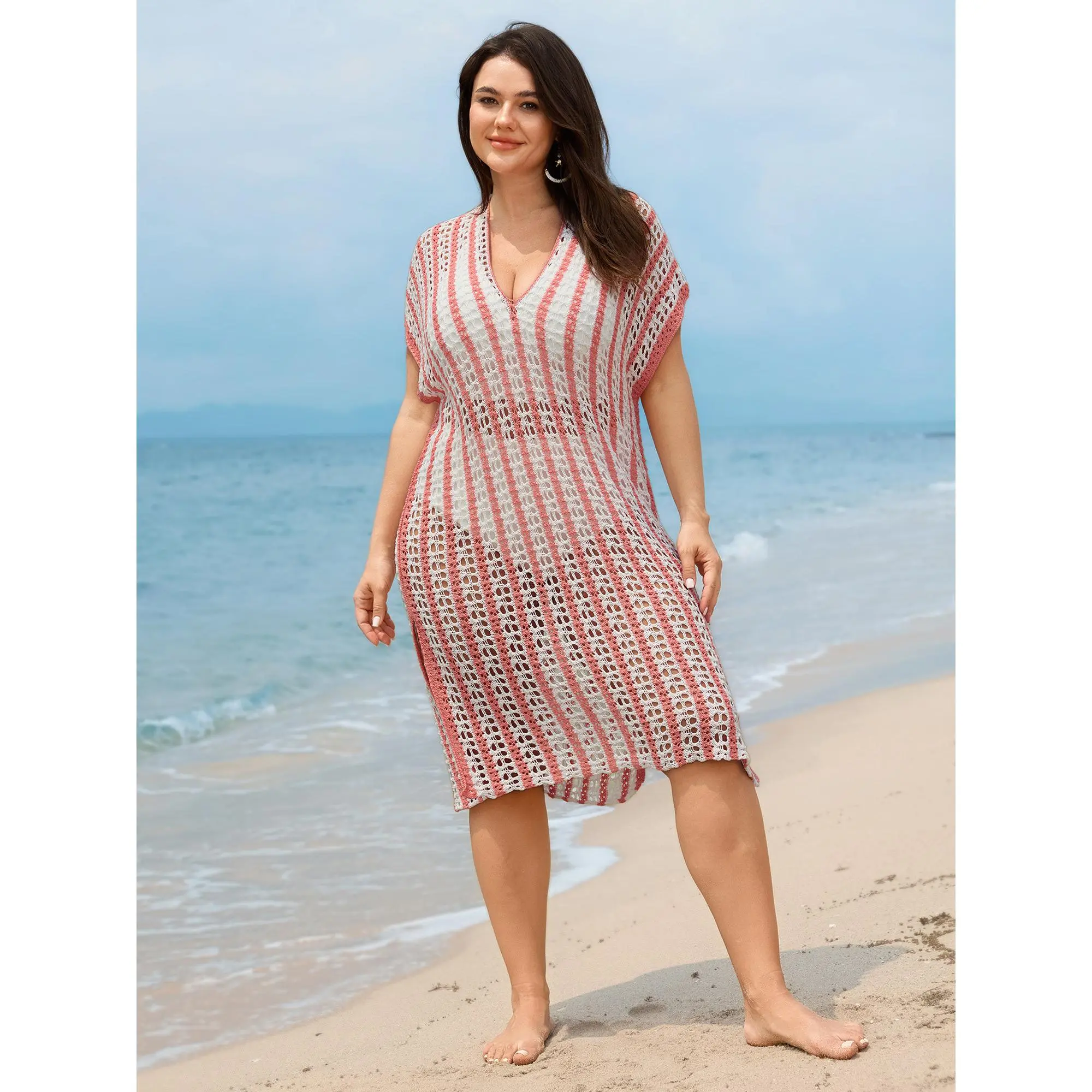 BLOOMCHIC Plus Size Crocheted Color Contrast Sheer Cover Up - Oversized Front-Cutout, Cutaway, Mixed-Color Beach Swimsuit Coverup for 2026 Summer, Cover Ups Swimsuits [M-6X], Summerfinds, Swimsuit Coverups