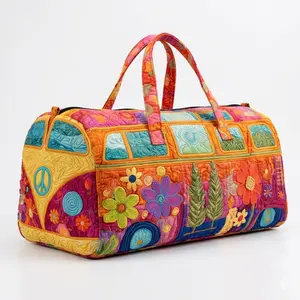 Retro Hippie Van Travel Duffle Bag Large Capacity Boho Embroidered Weekender Luggage