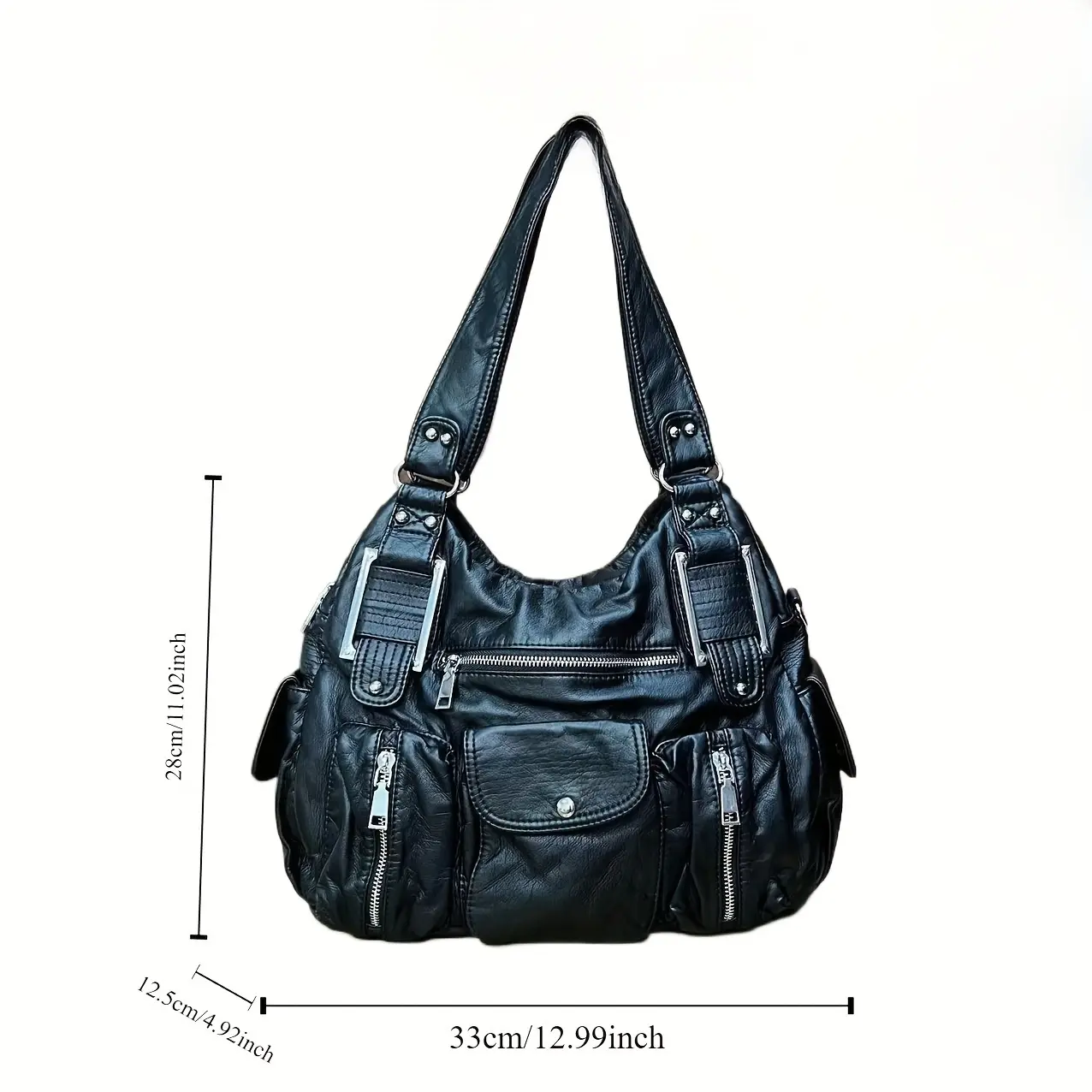 Vintage soft synthetic leather handbag - Black motorcycle style with multiple pockets, adjustable shoulder strap and zipper closure, large capacity shoulder bag and diagonal backpack, motorcycle bag