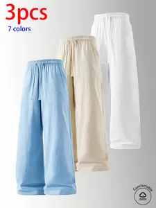 3-pack men’s pure cotton long pants: loose straight casual pants, sweatpants/joggers, featuring a drawstring waistband design. Available in multiple colors. Suitable for home lounging, daily commuting, outdoor walks, short trips, camping—versatile casual