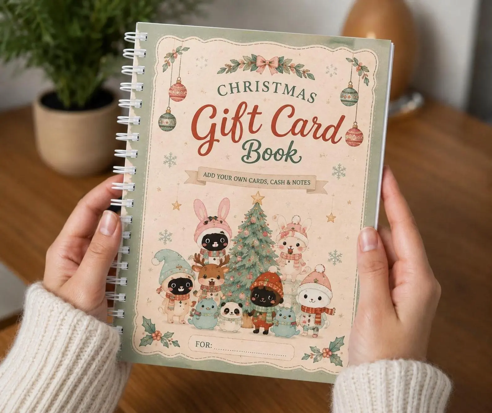 Kawaii Animal Friends Spiral Bound Gift Card Holder | Elegant Holiday Print | Add Your Own Cards Cash And Notes | Stocking Stuffer Idea