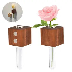 Lotosug 2pcs Mini Hydroponic Vase Fridge Magnets, 3D Magnetic Wooden Wall Vase Holders with Test Tube, Clear Glass Propagation Station for Real Flowers, Funny Tiny Vase Magnet for Fridge Decorative, Office, Kitchen, Locker, Whiteboard
