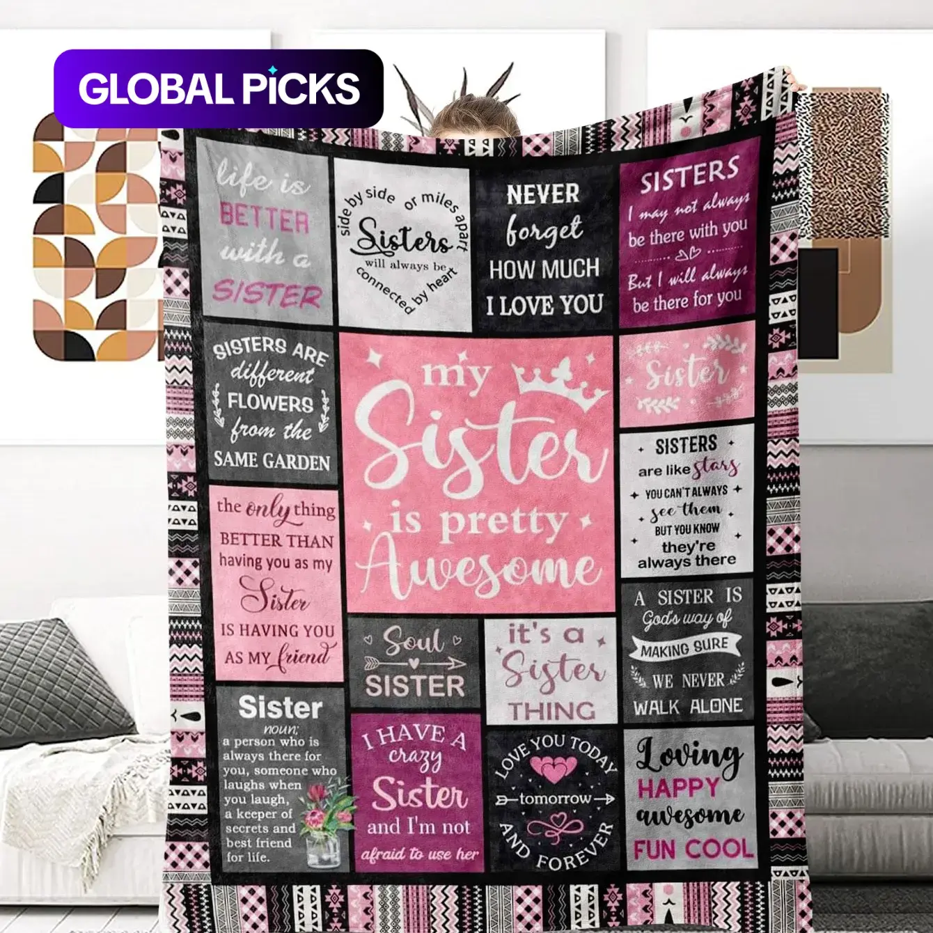 Personalized Sister Letter Print Flannel Blanket, 1 Count Sister-Themed Soft Warm Throw Blanket, Lightweight Blanket, Gift for Sister, Bedroom Accessories #GLOBAL PICKS