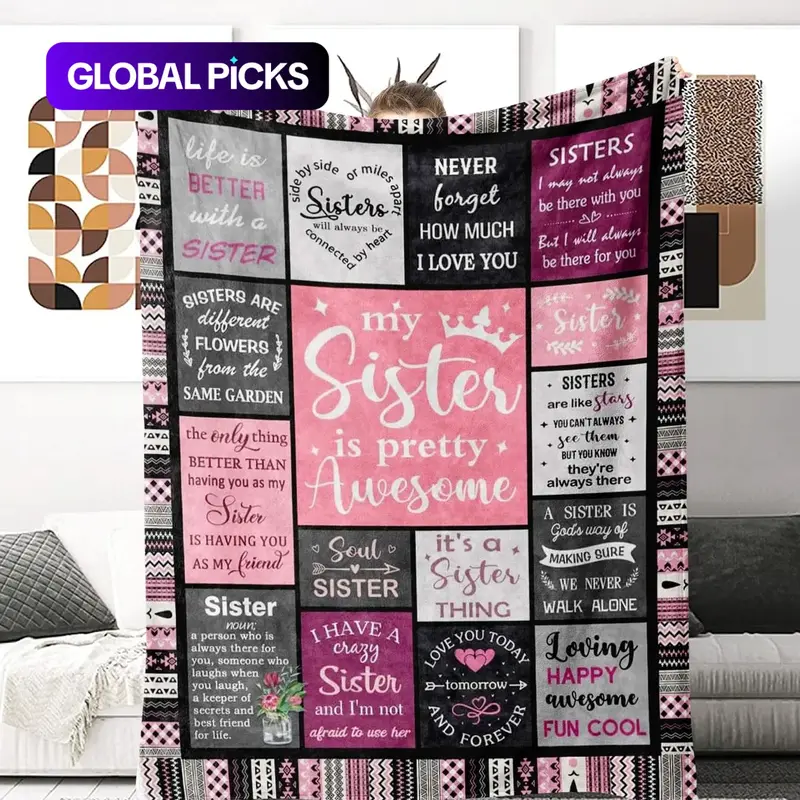 Personalized Sister Letter Print Flannel Blanket, 1 Count Sister-Themed Soft Warm Throw Blanket, Lightweight Blanket, Gift for Sister, Bedroom Accessories #GLOBAL PICKS