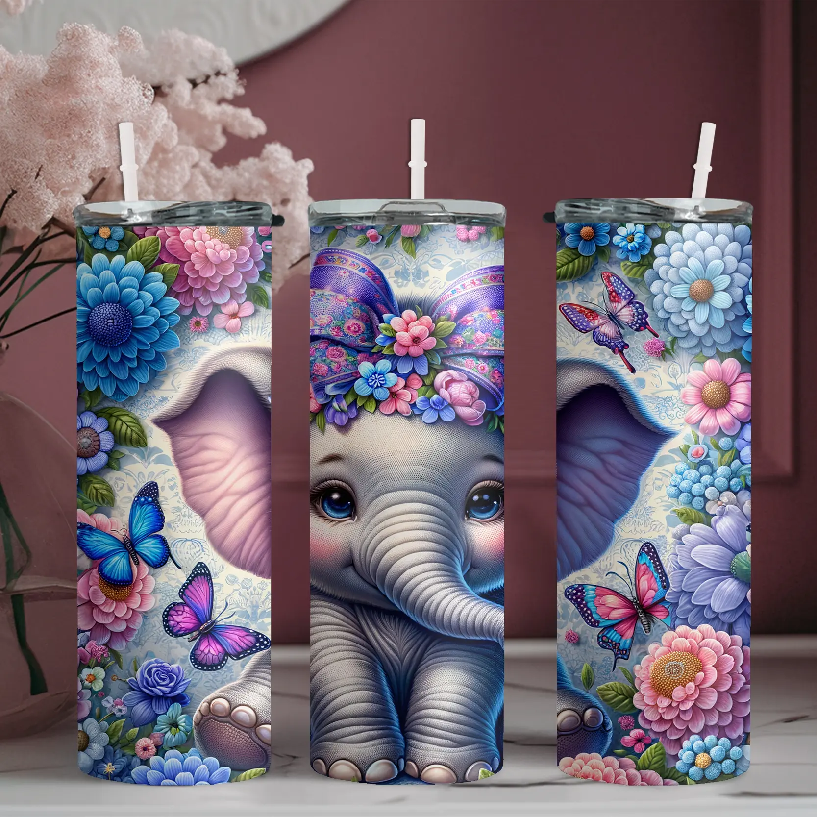 20oz (500-1000ml) BPA-Free Leak-Proof Airtight Stainless Steel Water Bottle - Cute Elephant & Animal Butterfly Wreath Pattern Skinny Tumbler with Straw Lid, Durable Kitchenware Drinkware, Portable for Fitness, Travel, Great Gift (1pc)