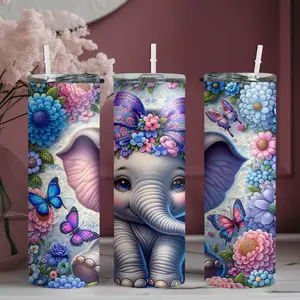20oz stainless steel water bottle with straw, Cute baby elephant wearing a wreath of butterflies surrounded by pattern skinny tumbler, suitable for fitness, travel, driving, and daily use at home. A great gift for family and friends | 1pc
