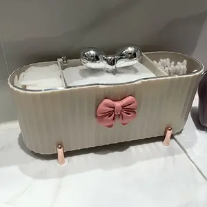 Cute Bowknot 3-Section Large Capacity Storage Box with Transparent Lid, Ideal for Swabs, Puff and Cosmetics, Perfect for Bathroom Decor and Holiday Gifts, Makeup Organizer Box