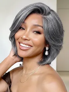Layered Gray Bob Wigs for Women 8Inch Short Silvery Synthetic Wig Side Part Glueless Lace Part Wig Natural Looking Grey Curly Hair Wigs for Daily Use