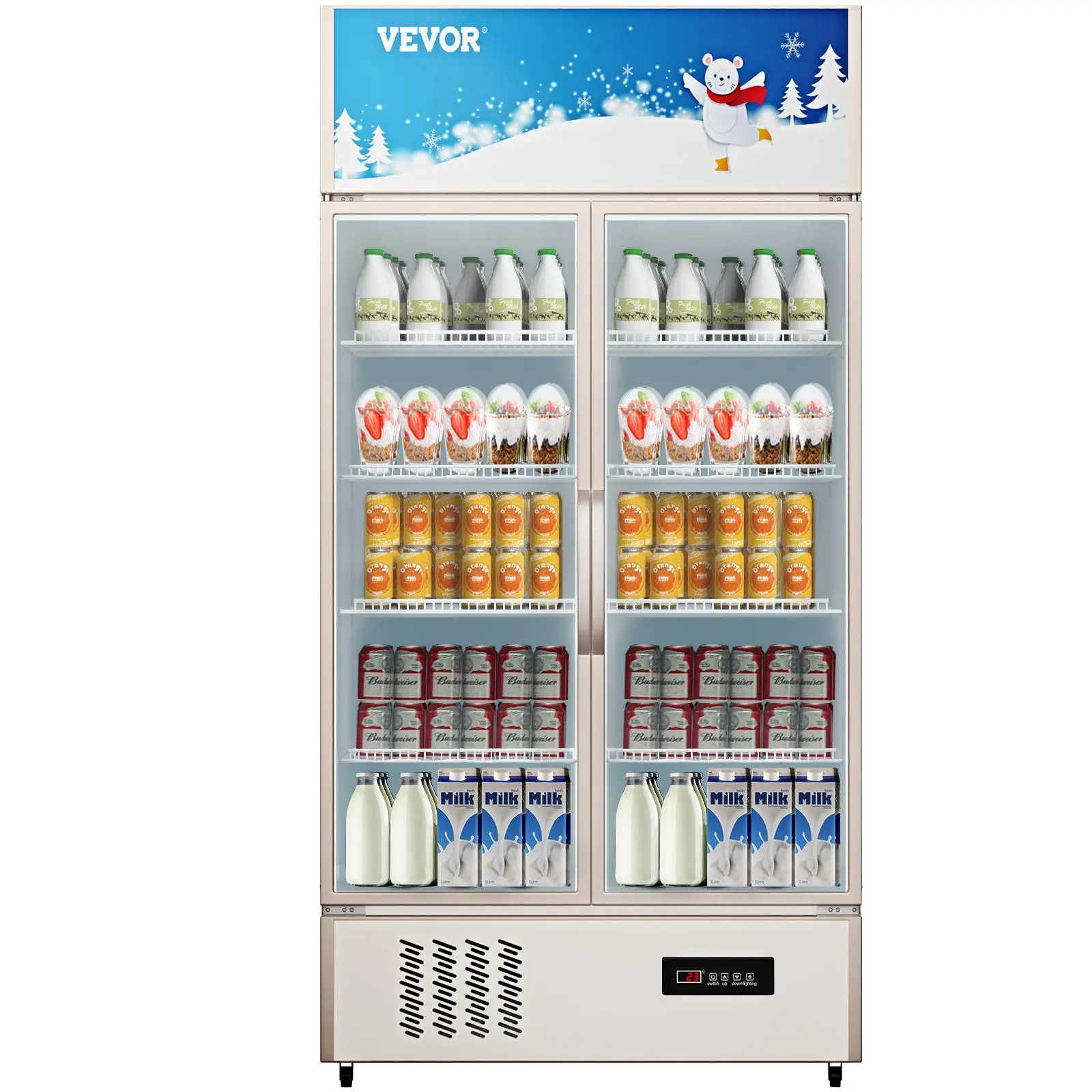 VEVOR Commercial Refrigerator, Display Fridge Upright Beverage Cooler, Glass Door with LED Light for Home, Store, Gym or Office, (23 cu.ft Double Swing Door)