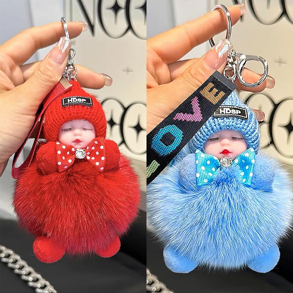 2Pcs Fluffy Kawaii Doll Keychain Cute Sleeping Baby Pendant Bag Charm Car Keychain Buckle Home Hanging Decor Backpack Accessory Adorable Viral TikTok Gifts for Women Girls Aesthetic Soft Fur Toy