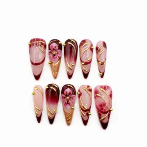 Press On Nails | Prettè Nail Studio Bordeaux Bloom  Long Stiletto Burgundy Wine Ombre Nude Shimmer Base Gold Chrome Lines Bead Accents 3D Floral Details Glossy Finish