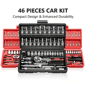 46Pcs Tool Set, 1/4” 3/8“ 1/2” Drive Socket Wrench, CR-V Metric 8-19mm, Ratchet & Torque Wrench, Screwdriver Bit Set, Extension Bar – Auto, Bicycle, Home Repair, Storage Case, Father's Day Gift for Dad