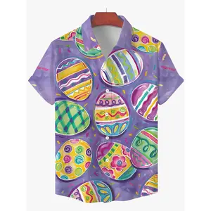 Men's 3D Easter Egg Print Casual Shirt – Short Sleeve Button-Up with Vibrant Easter Egg Design, Perfect for Holiday Parties & Festive Celebrations
