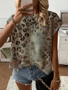 Summer Round Neck Short Sleeve Knit Top, Leopard Print Casual Wear, Women's Loose Fit Tee, Perfect for Daily & Office Use, Womenswear
