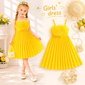 Summer Girls Solid Color Pleated Cami Dress, 3D Flower Applique Princess Dress, Elegant Sleeveless Party Dress for Vacation, Wedding, Birthday and Playtime