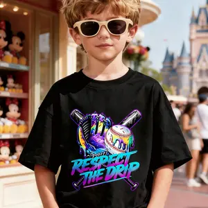Boys' Baseball Glove & "Respect The Drip" Graphic Black T-Shirt - Neon Green & Pink Sports Design, Crew Neck Casual Tee For Boys & Girls, All-Season For Back To School