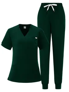 High Quality Polyester Scrubs Set Doctor Center Uniform Comfortable Staff Scrub Suit Ladies Beauty Spa Salon Short Sleeved Top with Pockets + Pants Workwear
