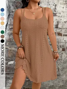 Women's Plus Size Jacquard Cami Dress Solid Color Spaghetti Strap Slip Dresses Textured Flowy Ruffle Hem Summer Beach Vacation Casual Daily Outfits Boho Chic Resort Wear Cover Up Mini Sundress Spring