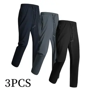 3-pack men’s versatile casual quick-dry long pants with adjustable drawstring waist and side pockets, minimalist design, available in multiple colors — formal and everyday long pants; breathable, comfortable sports pants, casual pants, athletic pants