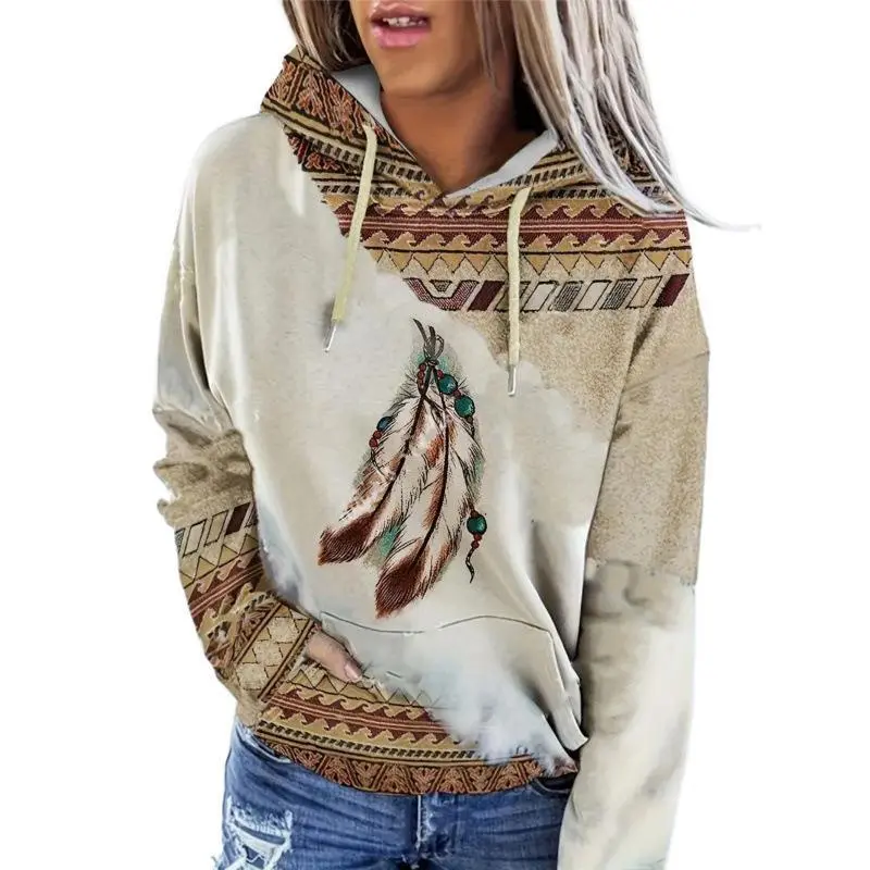 Western Aztec Feather Hoodie | Boho Vintage Pullover Sweatshirt | Cozy Casual Streetwear for Fall & Winter | Artistic Tribal Print Hoodie | Trendy Comfy Daily Wear sweatshirt hoodie