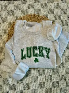[MADE IN US] Lucky Embroidered Sweatshirt T-Shirt Hoodie, St. Patty’s Day Crewneck for Women, Festive Irish Shamrock Sweater, St. Patrick’s Day Outfit