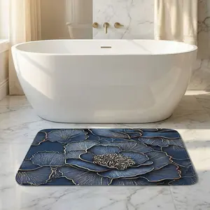1pc Navy-Floral Vintage Oil Elegant Flannel 100% Polyester BATH MAT, bath/laundry/bedside light absorb light slip-safe, heal blue-tone unwind, door/foyer/kitchen flex lay, gentle-wash fade-free gift-ready