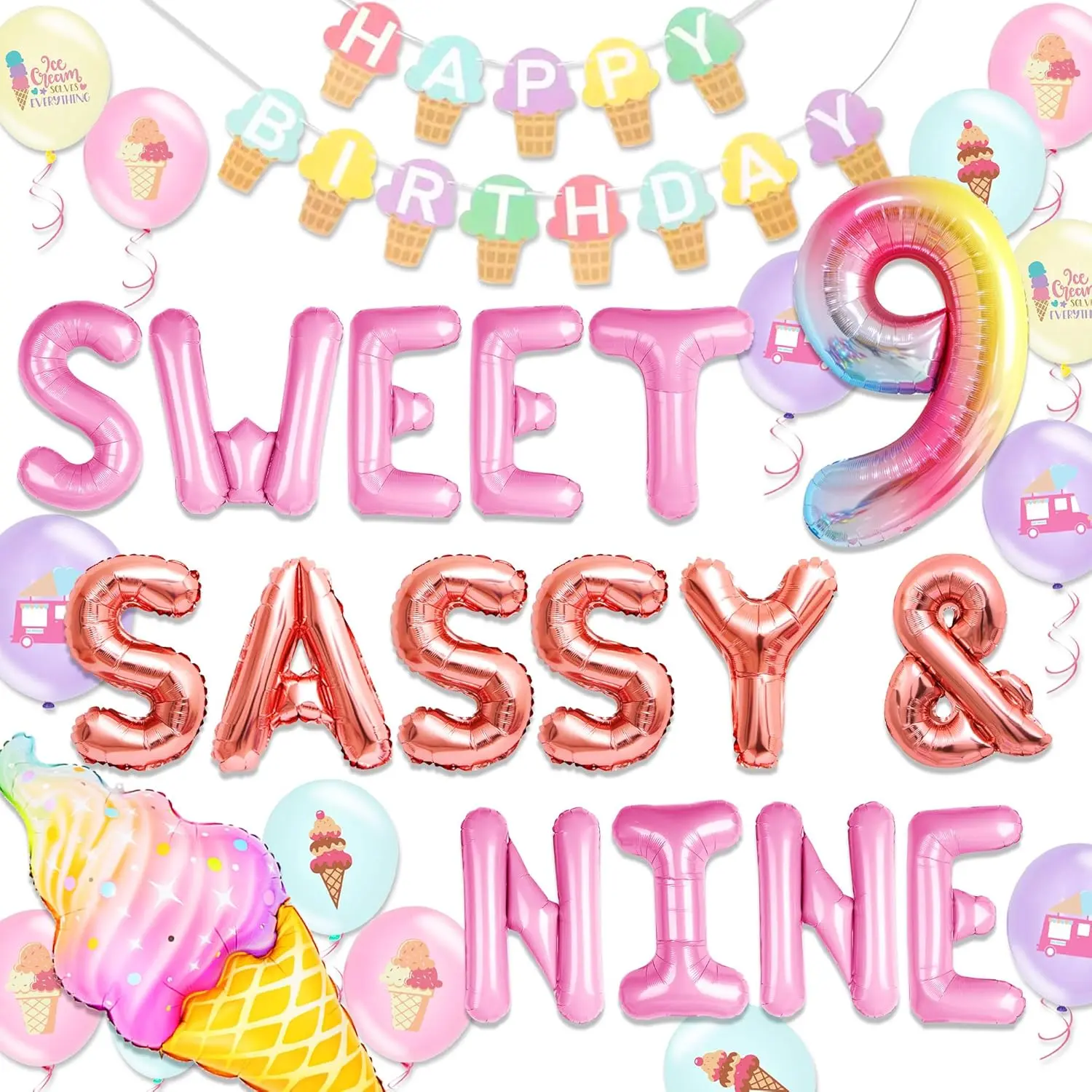 9th Birthday Decorations for Girls Sweet Sassy and Nine Birthday Decorations for 9 Year Old Girl Ice Cream Theme Party Supplies with Backdrop Balloons Sweets Donuts Theme