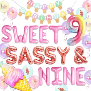 LaVenty 9th Birthday Decorations for Girls Sweet Sassy and Nine Birthday Decorations for 9 Year Old Girl Ice Cream Theme Party Supplies with Backdrop Balloons Sweets Donuts Theme