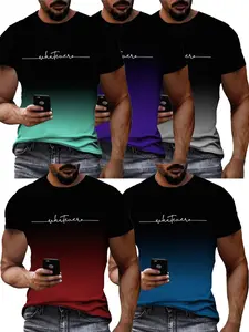 [Outdoor Crew Neck] 5pcs Men's Gradient Print T-Shirts, Short Sleeve Crew Neck Tees, Summer Outdoor Men's Clothing