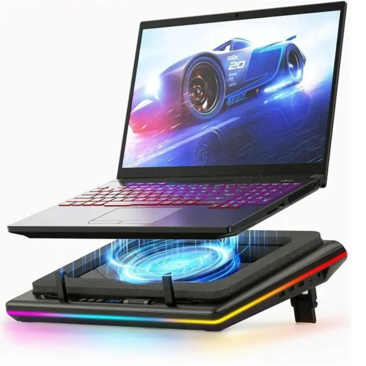 LLANO RGB Laptop Cooling Pad - ABS & Metal Portable Cooling Stand, Gaming Cooler with Powerful Turbofan, Adjustable Speed, Touch Control, LCD Screen, Covers 15.6-21in Laptops Easily
