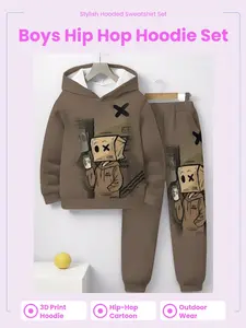 Boys Fashion Hip-Hop Singer Cartoon Pattern 3D Printed Casual Hoodie Set, Long Sleeve Sports Wear, Spring Fall Winter Outdoor Hoodies