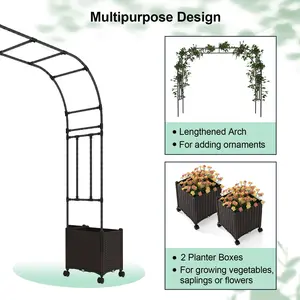 COSTWAY - 6.6 Feet Garden Arch Trellis with 2 Planter Boxes and Lockable Wheels-Black