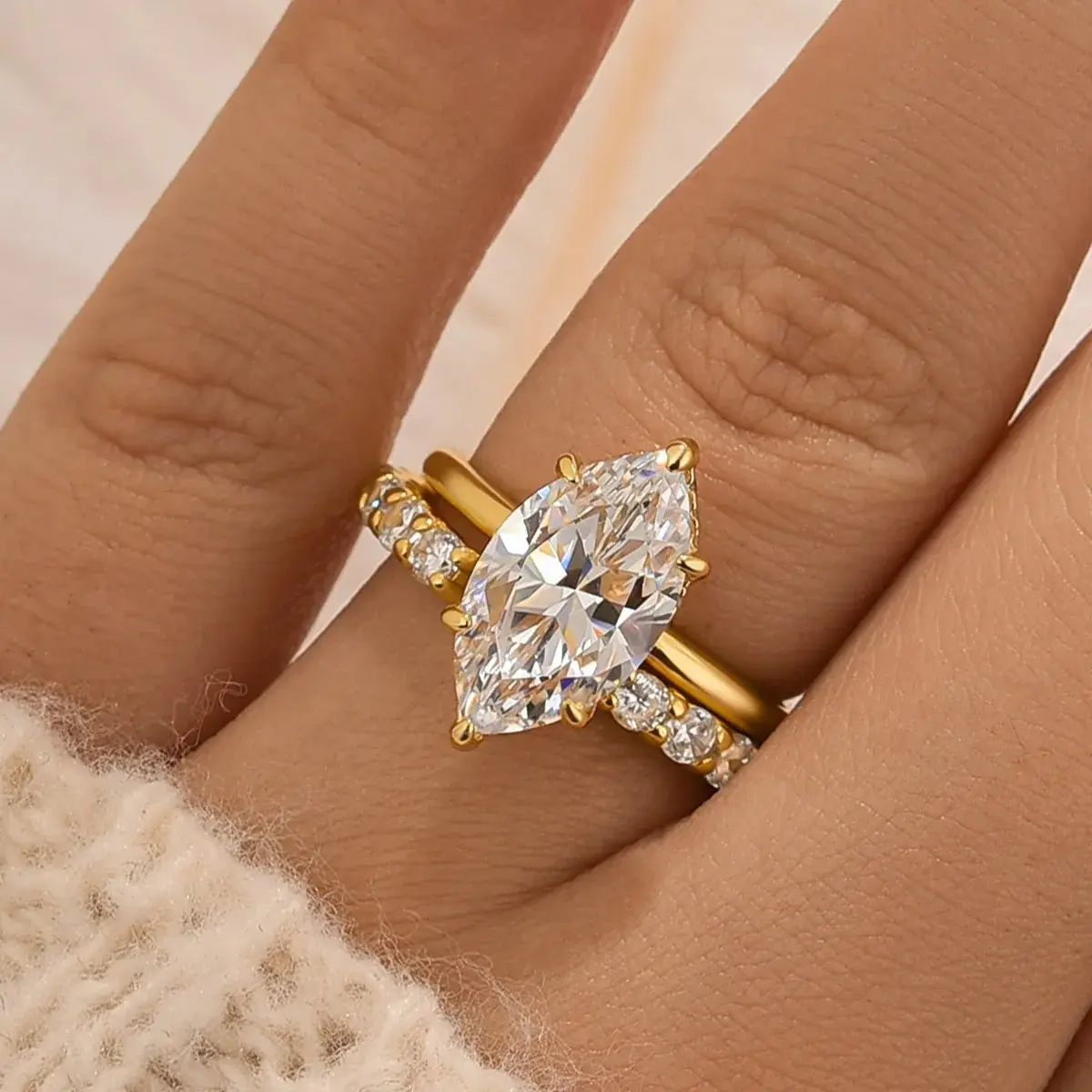 Women's 2-Piece Maxine 5A Cubic Zirconia Engagement Ring Set - 4.0ct Marquise Cut, Open Band Artificial Gemstone Jewelry for Proposal, Daily Wear, Engagement Rings