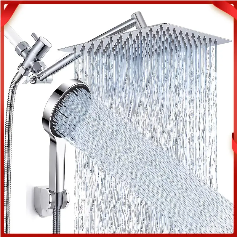Shower head, high-pressure rain/shower combination, equipped with 11inch extension arm, 9 modes, leak-proof shower head with bracket, height/angle adjustable, chrome-plated, matte black