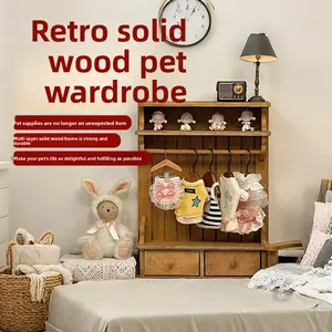 Maodour Multi-Use Vintage Storage Cabinet, Wooden Organizer with Hanging Rod & Drawers for BJD Dolls & Pet Accessories